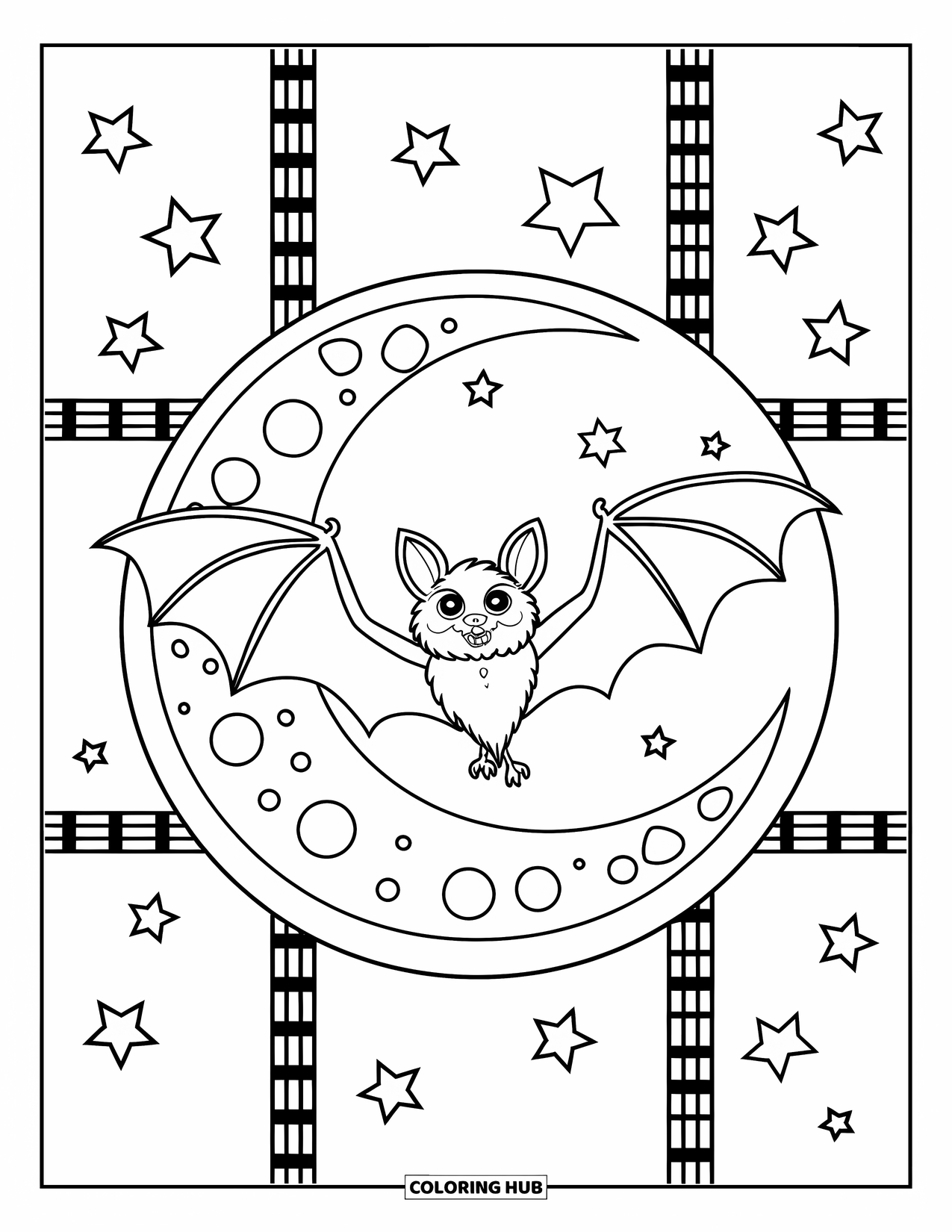Preppy Halloween Coloring Page for Kids: Bat with a plaid moon behind it soars through a starry Halloween sky