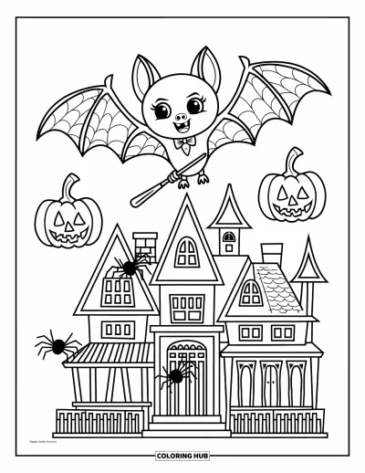 Preppy-Halloween-Ausmalbild für Kinder: Eine Fledermaus mit Zauberstab fliegt über Kürbisse und die gruselige Front eines Spukschlosses