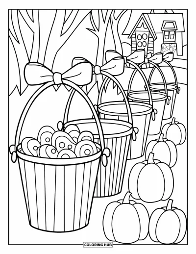 Preppy-Halloween-Ausmalbild für Kinder: Halloween-Eimer mit Schleifen stehen in einer Reihe mit Kürbissen dahinter