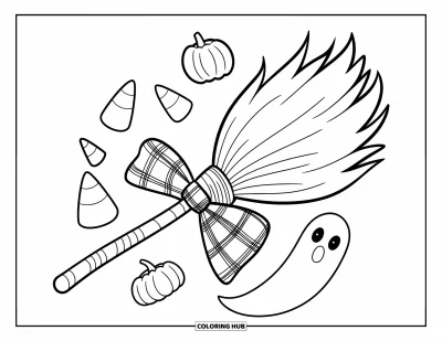 Preppy-Halloween-Ausmalbild für Kinder: Ein Besen mit Süßigkeiten, Kürbissen und einem Gespenst schwebt stilvoll in der Luft