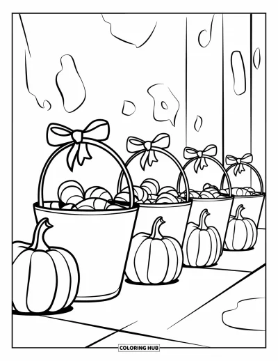 Preppy-Halloween-Ausmalbild für Kinder: Eimer mit Schleifen quellen über vor Süßigkeiten neben einem gruseligen Spukhaus