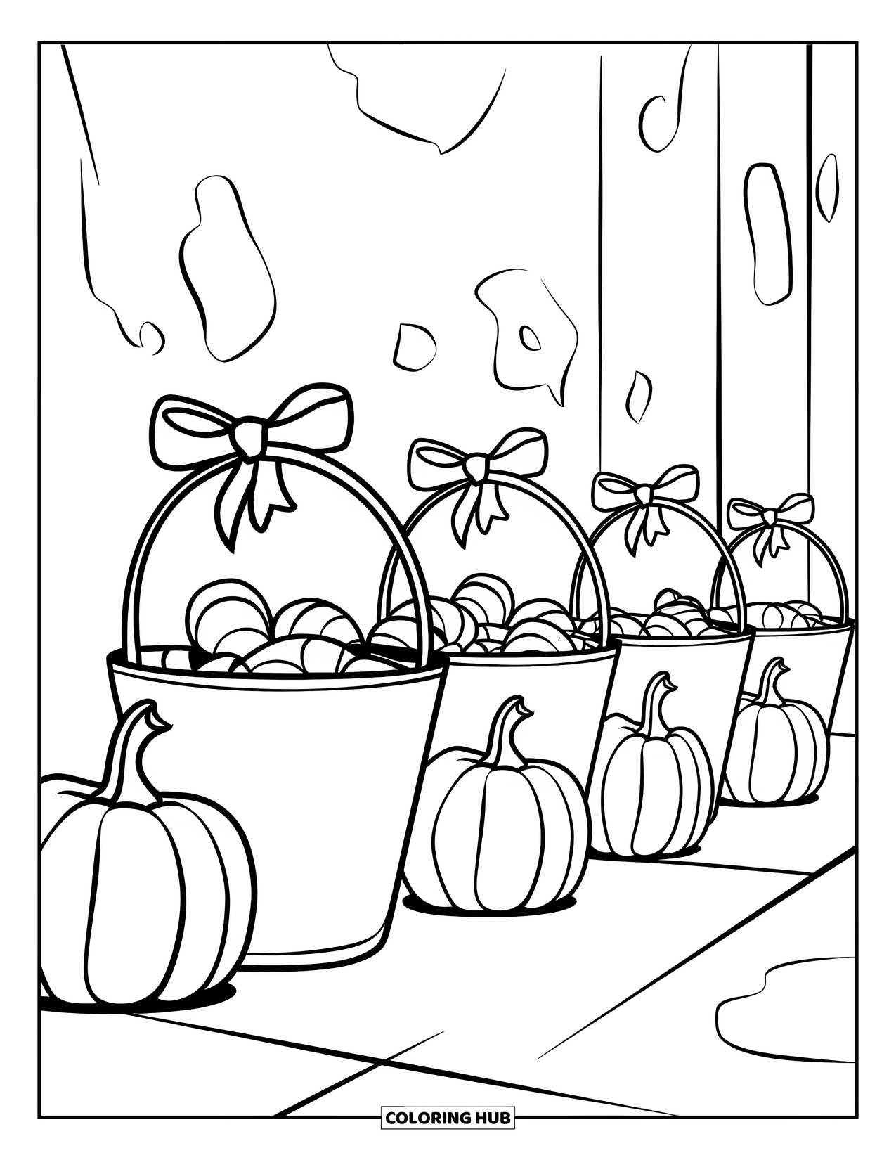 Preppy Halloween Coloring Page for Kids: Buckets with bows overflow with candy beside a spooky haunted house