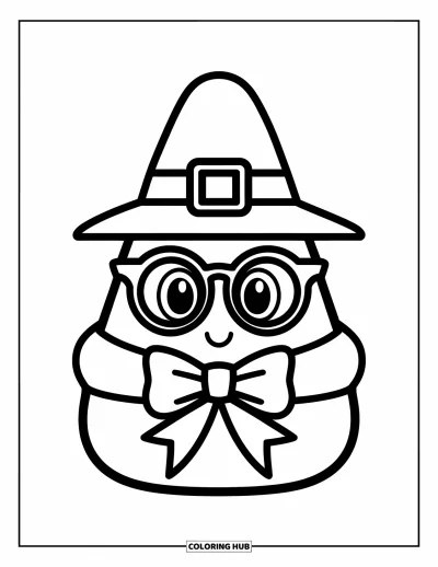 Preppy-Halloween-Ausmalbild für Kinder: Candy Corn mit Pilgerhut und Brille lächelt vor einem hellen Hintergrund