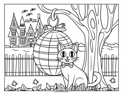 Preppy-Halloween-Ausmalbild für Kinder: Eine Katze mit Fliege sitzt bei einer Laterne vor einem gruseligen Herrenhaus