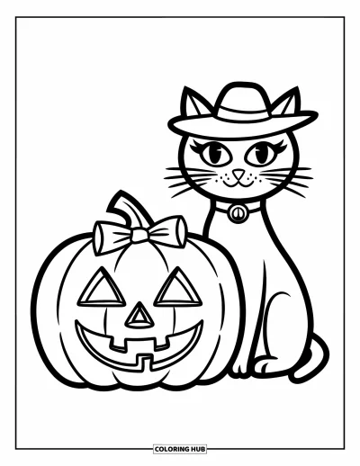 Preppy-Halloween-Ausmalbild für Kinder: Eine Katze mit Hut sitzt neben einer Kürbislaterne mit Schleifenband