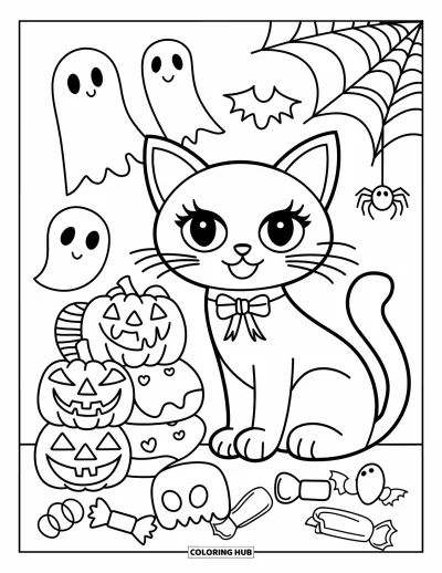 Preppy-Halloween-Ausmalbild für Kinder: Eine verkleidete Katze ruht neben Halloween-Süßigkeiten und kleinen Gespenstern