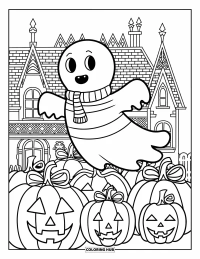 Preppy-Halloween-Ausmalbild für Kinder: Ein schwebendes Gespenst mit Schal gleitet über Kürbisse nahe eines hohen Herrenhauses mit Spitzdach
