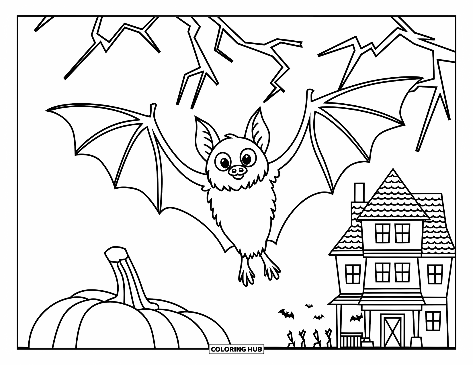 Preppy Halloween Coloring Page for Kids: Flying bat in a hat zooms above pumpkins and a lightning-lit house