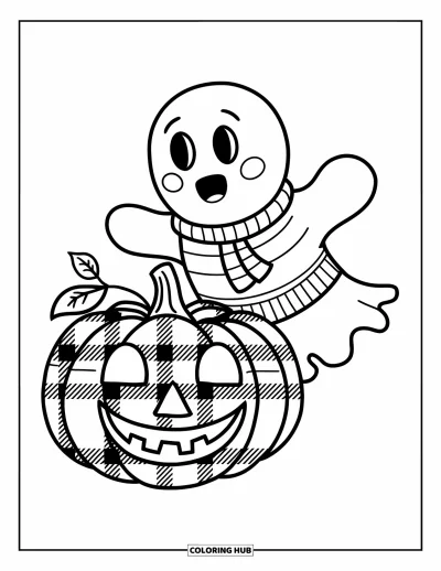 Preppy-Halloween-Ausmalbild für Kinder: Ein freundliches Gespenst mit Schal schwebt neben einem lächelnden karierten Kürbis auf weißem Grund