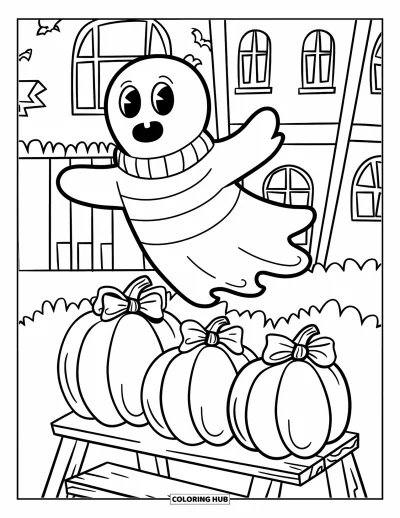 Preppy-Halloween-Ausmalbild für Kinder: Ein Gespenst schwebt über Kürbisse mit Schleifen in einer gruseligen Holzleiter-Szene