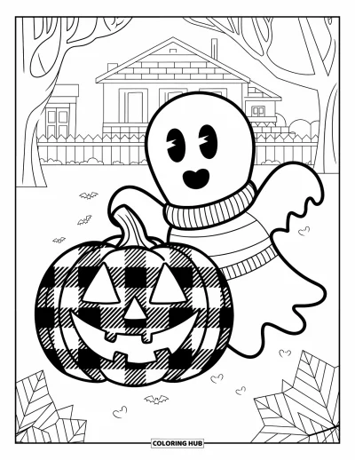 Preppy-Halloween-Ausmalbild für Kinder: Ein Gespenst schwebt neben einer Kürbislaterne und einem Haus in einer gemütlichen Halloween-Szene