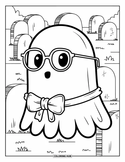 Preppy-Halloween-Ausmalbild für Kinder: Ein Gespenst mit Fliege steht auf einem Friedhof mit Grabsteinen in der Nähe