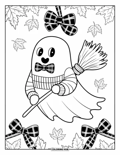 Preppy-Halloween-Ausmalbild für Kinder: Ein Gespenst mit karierter Fliege hält einen Besen zwischen fallenden Herbstblättern