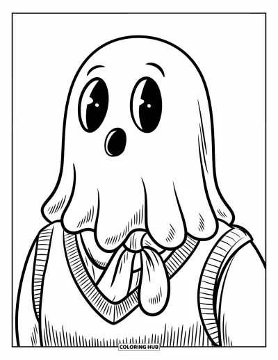 Preppy-Halloween-Ausmalbild für Kinder: Ein Gespenst mit Schal und Weste steht neben einem Kürbis und einer weißen Wand