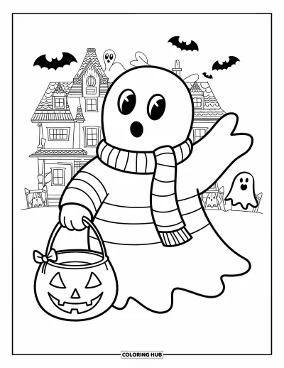 Preppy-Halloween-Ausmalbild für Kinder: Ein Gespenst mit Schal trägt einen Eimer mit Schleife in der Nähe eines Spukschlosses