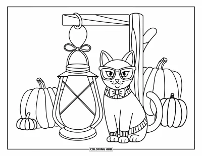 Preppy-Halloween-Ausmalbild für Kinder: Eine Katze mit Brille und Pullover sitzt bei einer Laterne und Herbstkürbissen
