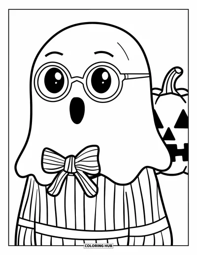 Preppy-Halloween-Ausmalbild für Kinder: Ein Gespenst mit Brille und gestreiftem Pullover schwebt mit einem Kürbis im Hintergrund