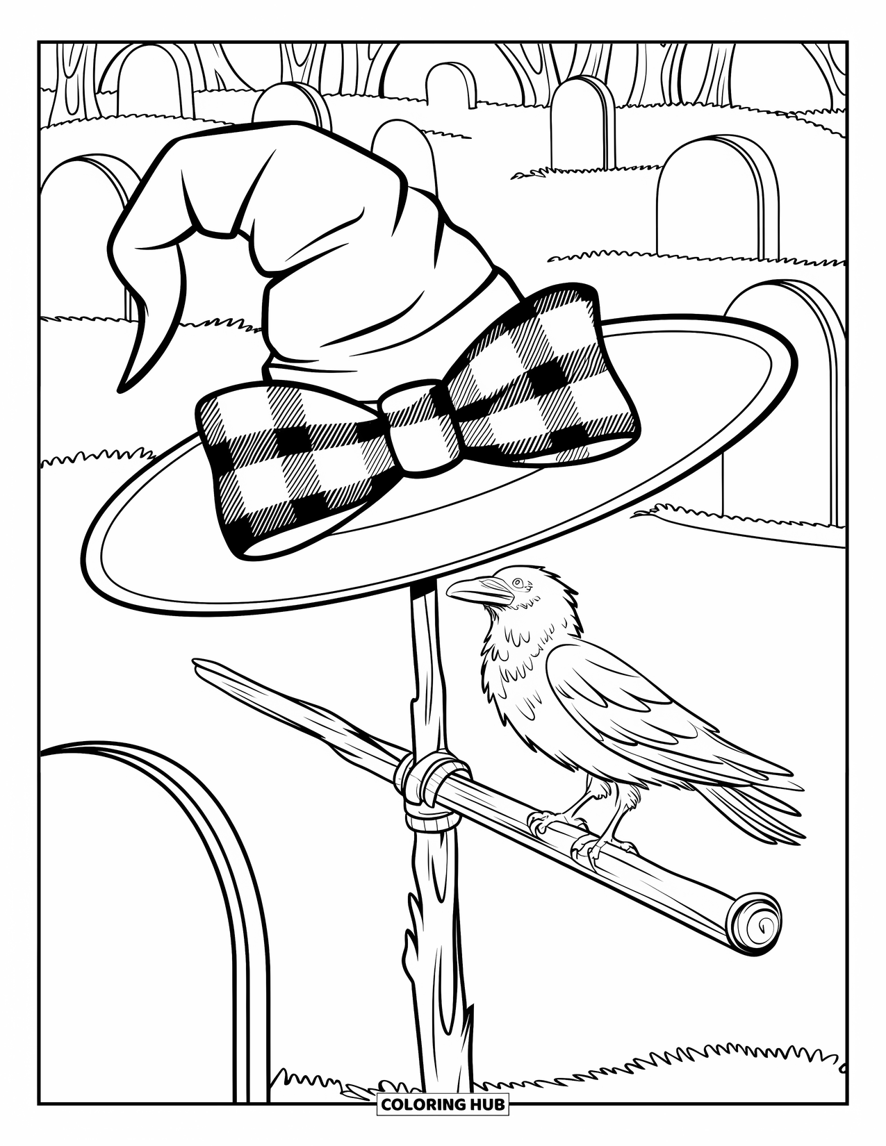 Preppy Halloween Coloring Page for Kids: Graveyard witch hat with a raven perched beside old tombstones