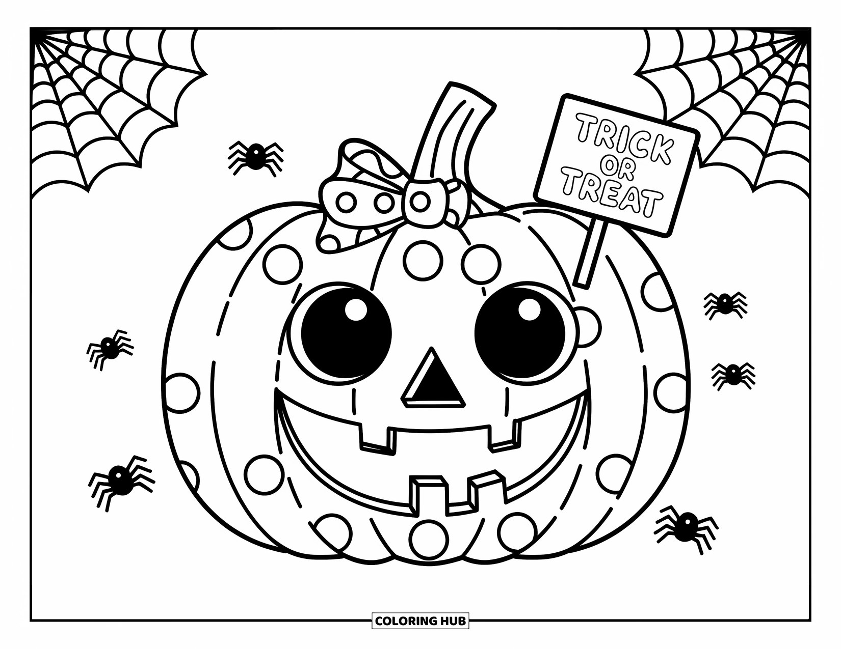 Preppy Halloween Coloring Page for Kids: Jack-o'-lantern with a bow holds a sign and sits near cobwebs and spiders