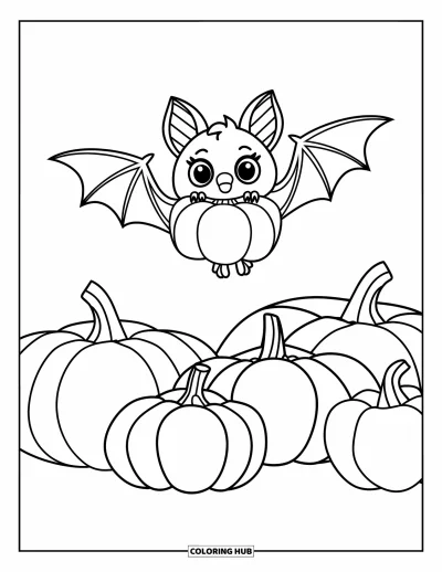 Preppy-Halloween-Ausmalbild für Kinder: Eine gemusterte Fledermaus fliegt über Kürbisse und hält einen kleinen Kürbis im Maul