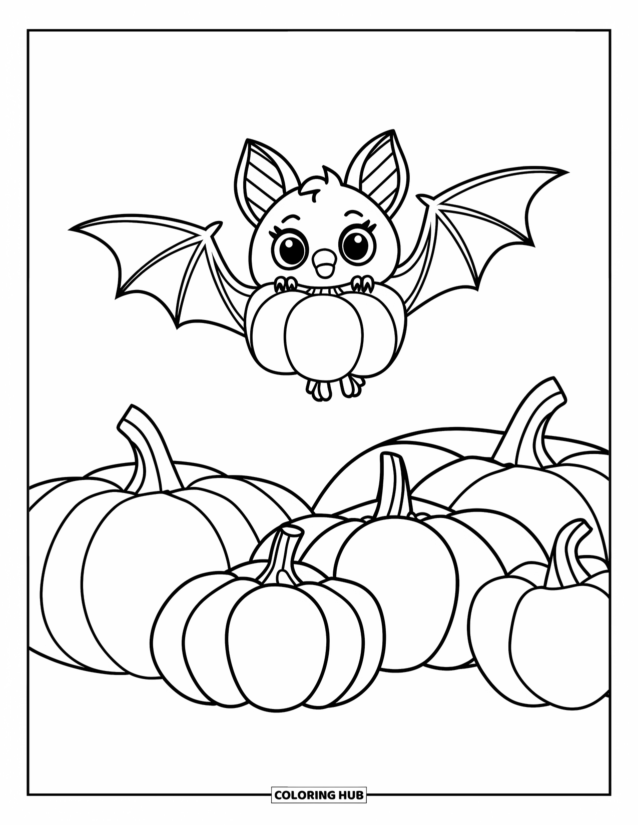 Preppy Halloween Coloring Page for Kids: Patterned bat flies above pumpkins and holds a mini pumpkin in its mouth