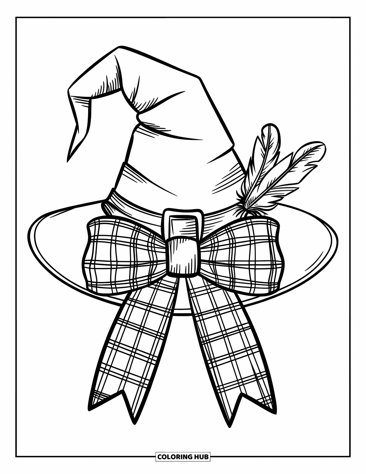 Preppy Halloween Coloring Page for Kids: Plaid-bowed hat with ribbon and feather stands out on a simple background