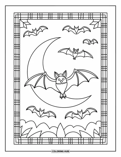 Preppy-Halloween-Ausmalbild für Kinder: Ein kariert gerahmter Mond umgibt eine fliegende Fledermaus auf einem sauberen weißen Blatt