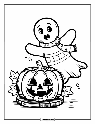 Preppy-Halloween-Ausmalbild für Kinder: Ein karierter Kürbis mit fröhlichem Gesicht sitzt neben einem schwebenden Gespenst in gestreiftem Schal