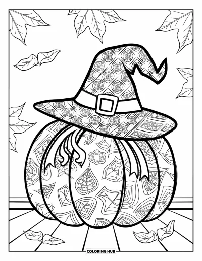 Preppy-Halloween-Ausmalbild für Kinder: Ein gepunkteter Kürbis mit Hexenhut und Bändern ruht auf einer blätterbedeckten Oberfläche