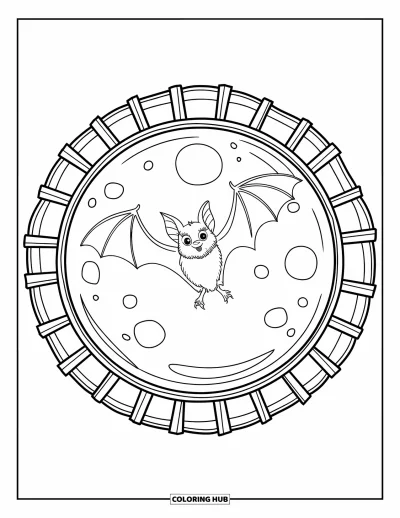 Preppy-Halloween-Ausmalbild für Kinder: Eine Preppy-Fledermaus gleitet über einen Vollmond mit karierten Rahmen in elegantem Stil