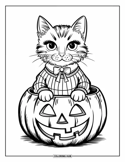 Preppy-Halloween-Ausmalbild für Kinder: Eine Preppy-Katze in gestreiftem Hemd entspannt sich in einer Kürbislaterne