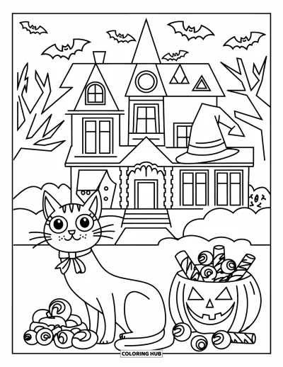 Preppy-Halloween-Ausmalbild für Kinder: Eine Preppy-Katze mit Schleife sitzt bei Süßigkeiten vor einem gruseligen Spukhaus