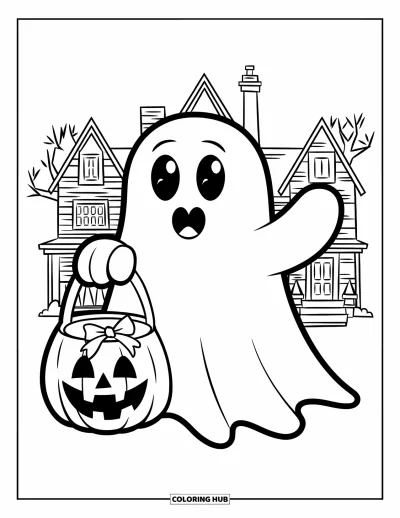 Preppy-Halloween-Ausmalbild für Kinder: Ein Preppy-Gespenst im Blazer hält einen Eimer auf einem gruseligen Vorgarten