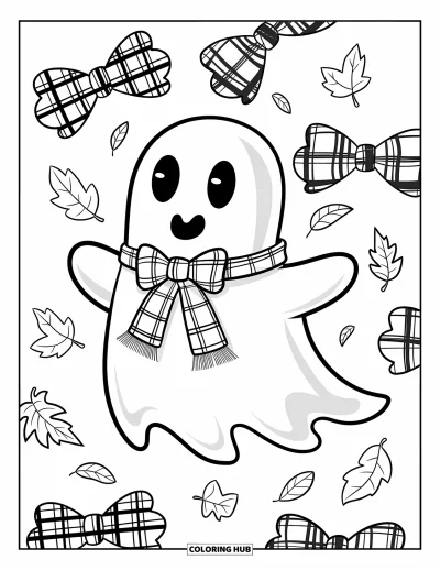 Preppy-Halloween-Ausmalbild für Kinder: Ein Preppy-Gespenst lächelt in einem Schal, umgeben von fallenden Blättern und karierten Schleifen