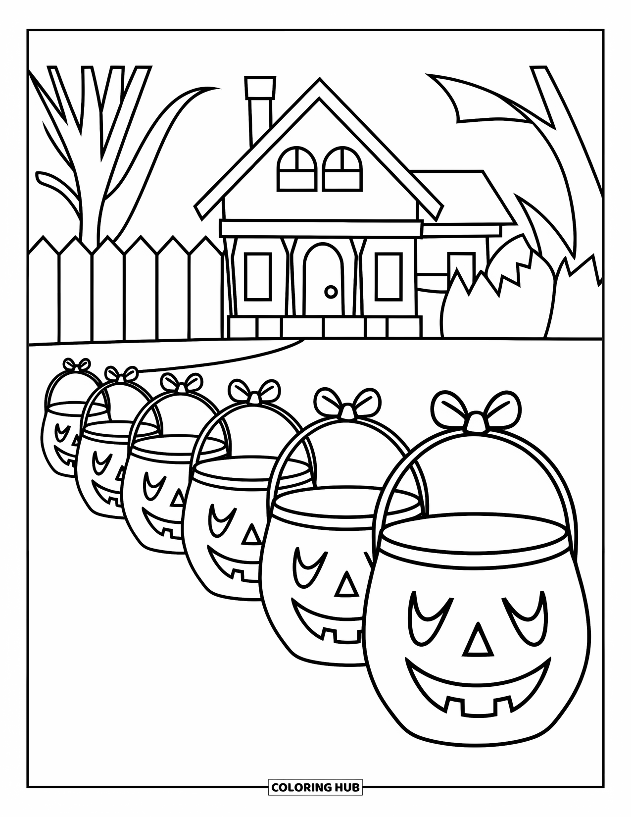 Preppy Halloween Coloring Page for Kids: Preppy Halloween buckets stand side by side in front of a haunted backdrop