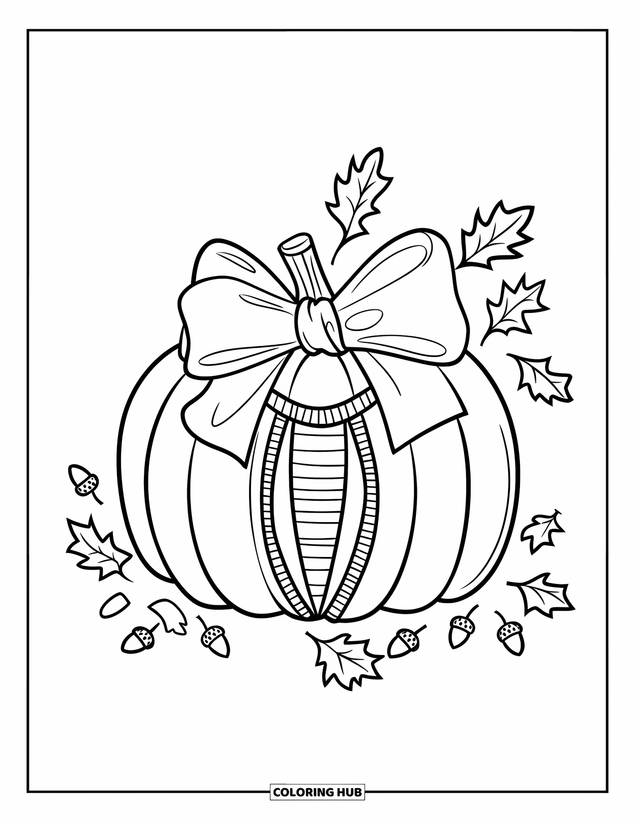 Preppy Halloween Coloring Page for Kids: Preppy pumpkin in a cardigan and scarf smiles beside falling leaves