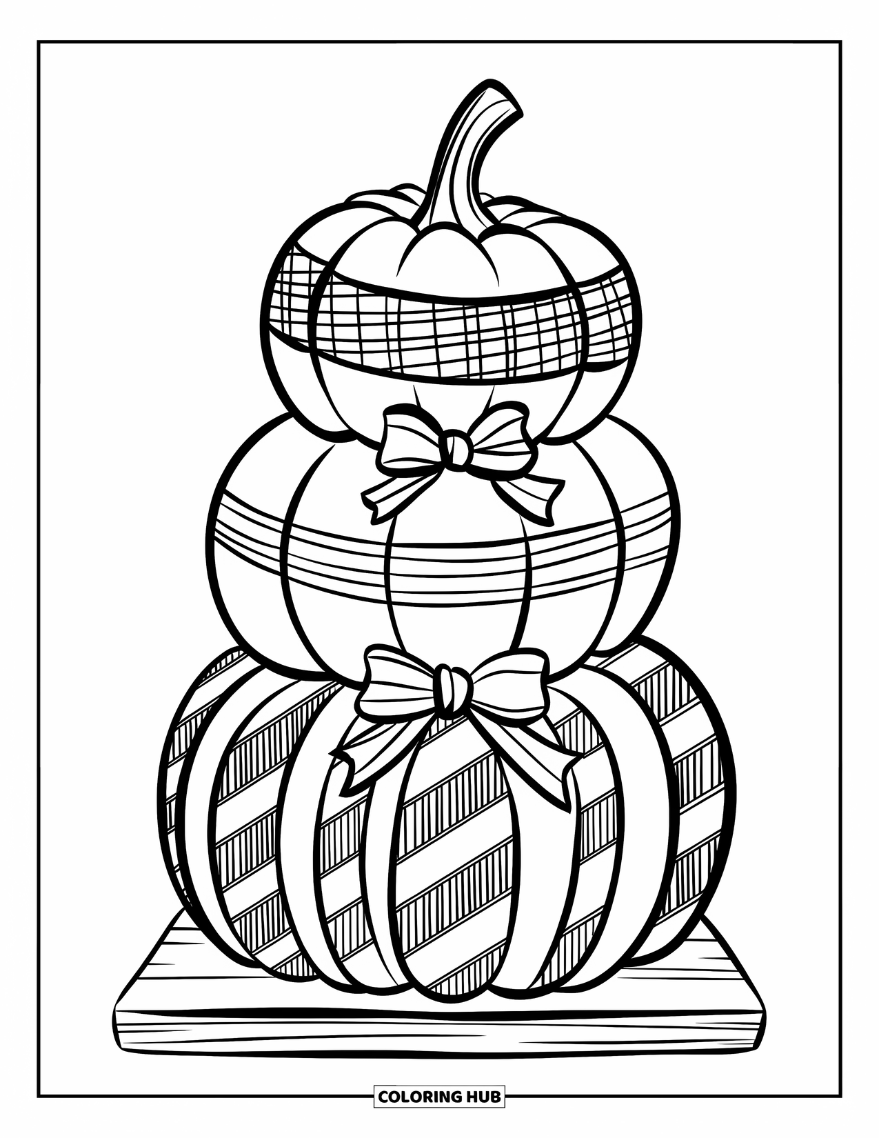 Preppy Halloween Coloring Page for Kids: Preppy pumpkins with fun patterns are stacked on a ladder