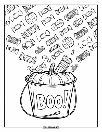 Preppy-Halloween-Ausmalbild für Kinder: Ein Kürbiseimer mit der Aufschrift "Boo!" schüttet Süßigkeiten aus, die in ordentlichen kleinen Reihen liegen