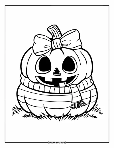 Preppy-Halloween-Ausmalbild für Kinder: Ein Kürbis in gestreiftem Hemd und Schal lächelt süß auf einem Grasstück