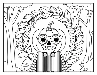 Preppy-Halloween-Ausmalbild für Kinder: Ein Kürbis mit Brille und Fliege lächelt aus einer Blattkranz-Szene