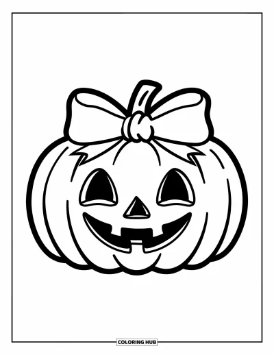 Preppy-Halloween-Ausmalbild für Kinder: Ein Kürbis mit großer Schleife lächelt vor einem einfachen, gemütlichen Halloween-Hintergrund