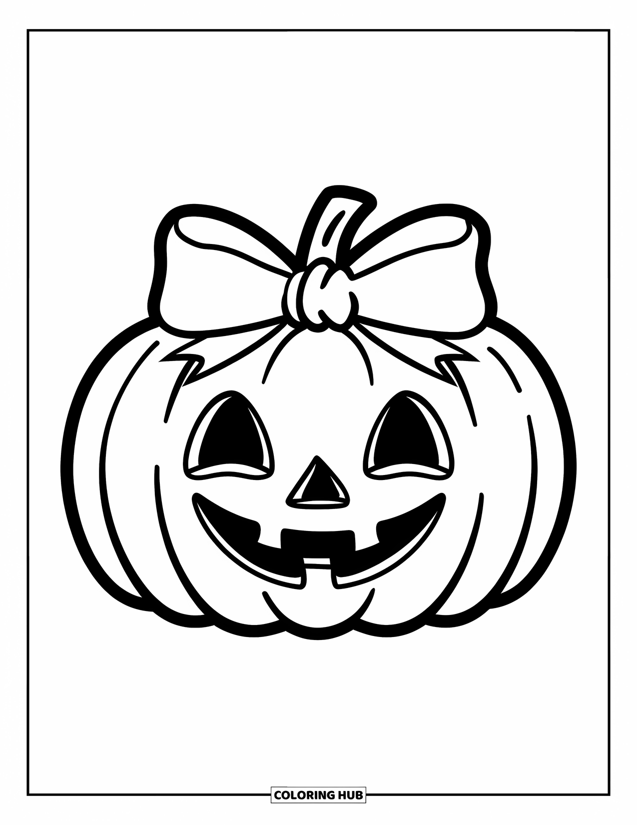 Preppy Halloween Coloring Page for Kids: Pumpkin with a big bow smiles on a simple, cozy Halloween background