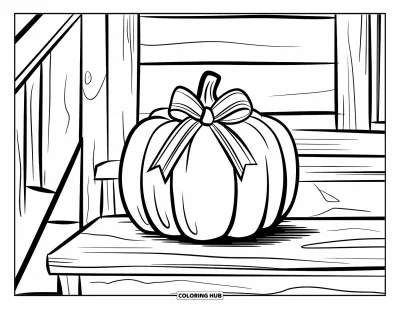 Preppy-Halloween-Ausmalbild für Kinder: Ein Kürbis mit Schleife sitzt ruhig auf einer Veranda-Stufe neben einer rissigen Wand