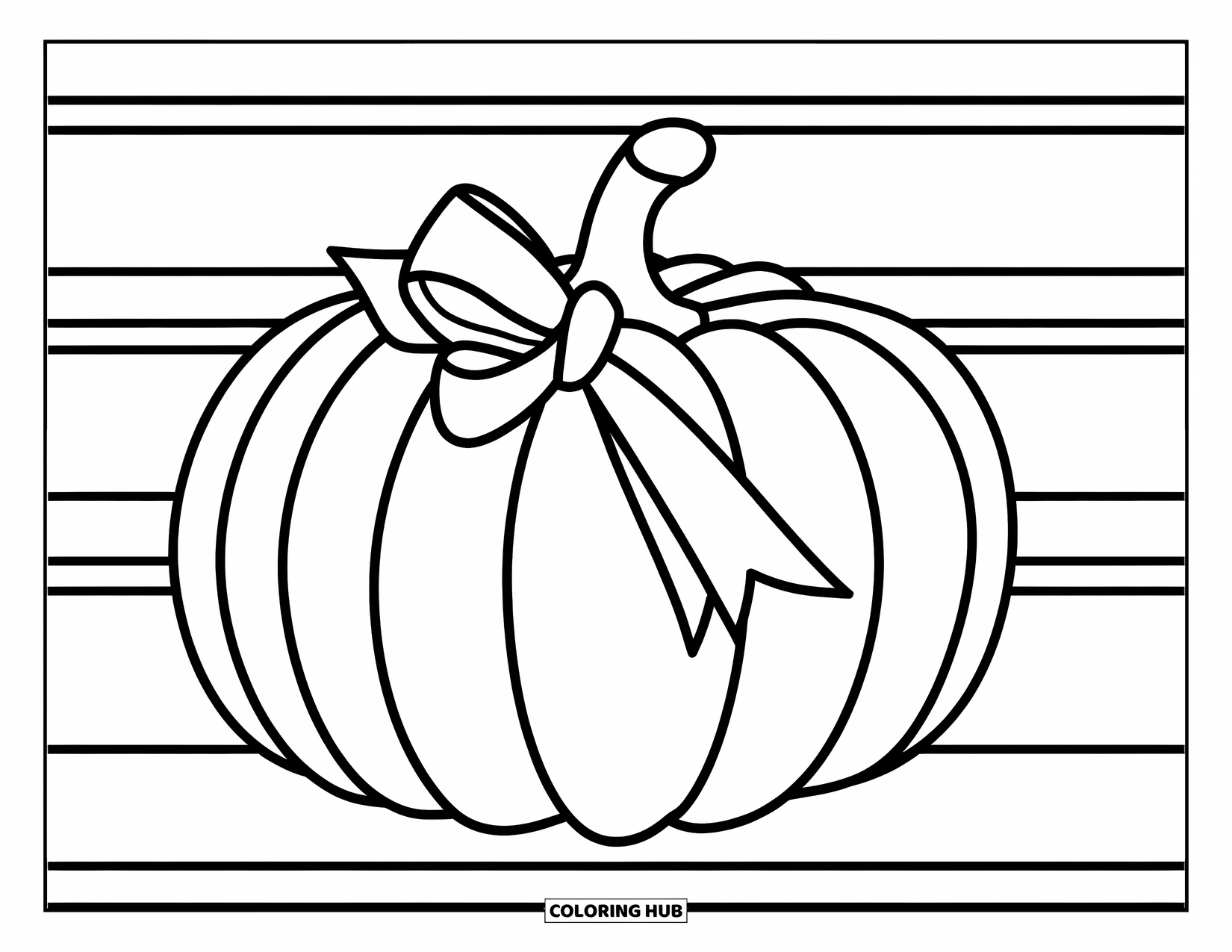 Preppy Halloween Coloring Page for Kids: Pumpkin with a bow sits neatly on a porch step