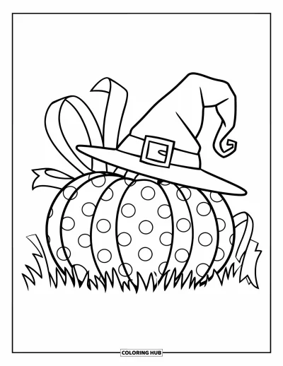 Preppy-Halloween-Ausmalbild für Kinder: Ein Kürbis mit Punkten und Hexenhut sitzt im Gras zwischen verstreuten Blättern