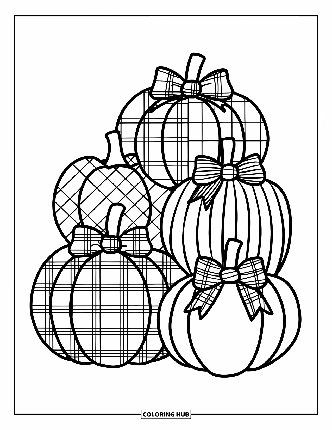 Preppy Halloween Coloring Page for Kids: Pumpkins with plaid, bows, and stripes are stacked neatly on top of each other