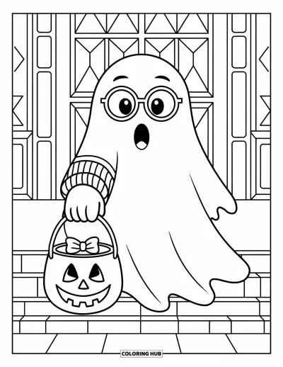 Preppy-Halloween-Ausmalbild für Kinder: Ein lächelndes Gespenst hält einen niedlichen Süßigkeiteneimer vor einem großen Haus
