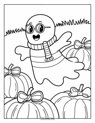 Preppy-Halloween-Ausmalbild für Kinder: Ein lächelndes Gespenst im gestreiften Pullover schwebt über Kürbissen auf einer Wiese