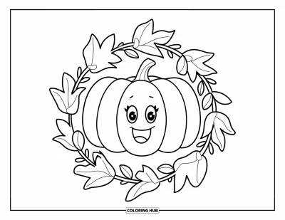 Preppy-Halloween-Ausmalbild für Kinder: Ein lächelnder Preppy-Kürbis sitzt fröhlich in einem mit Bändern umwickelten Blattkranz
