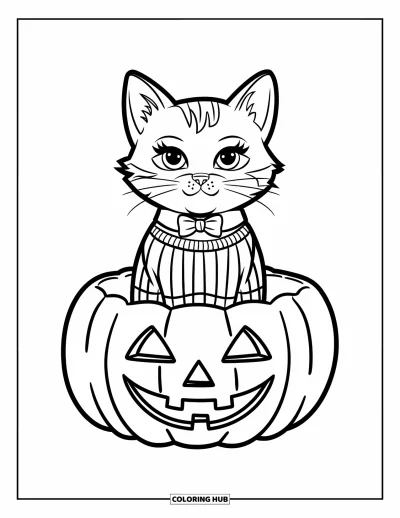Preppy-Halloween-Ausmalbild für Kinder: Ein lächelnder Kürbis hält eine Katze mit Schleife und Kragenhemd